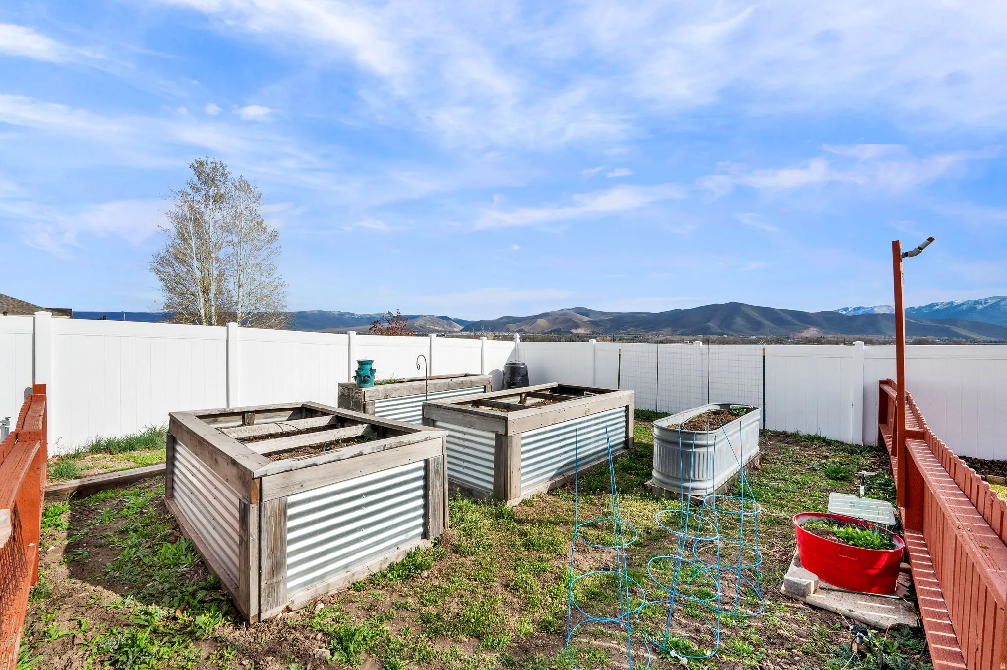 Fenced backyard, and a vegetable garden