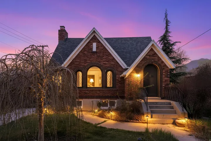 English style home featuring brick siding, a chimney, and roof with shingles
