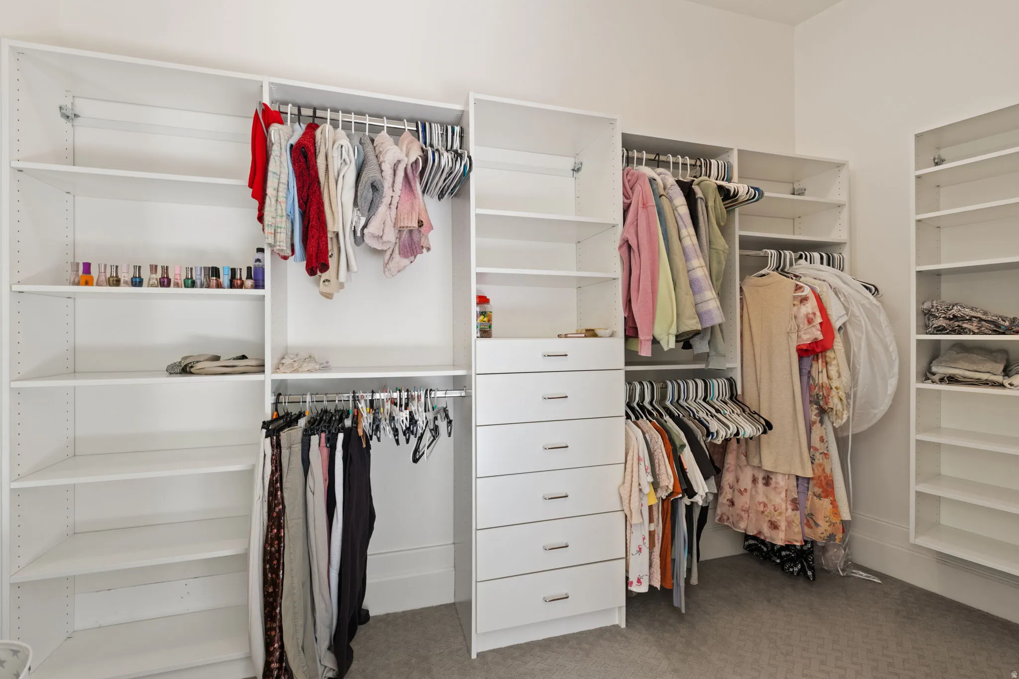 Walk in closet featuring light carpet