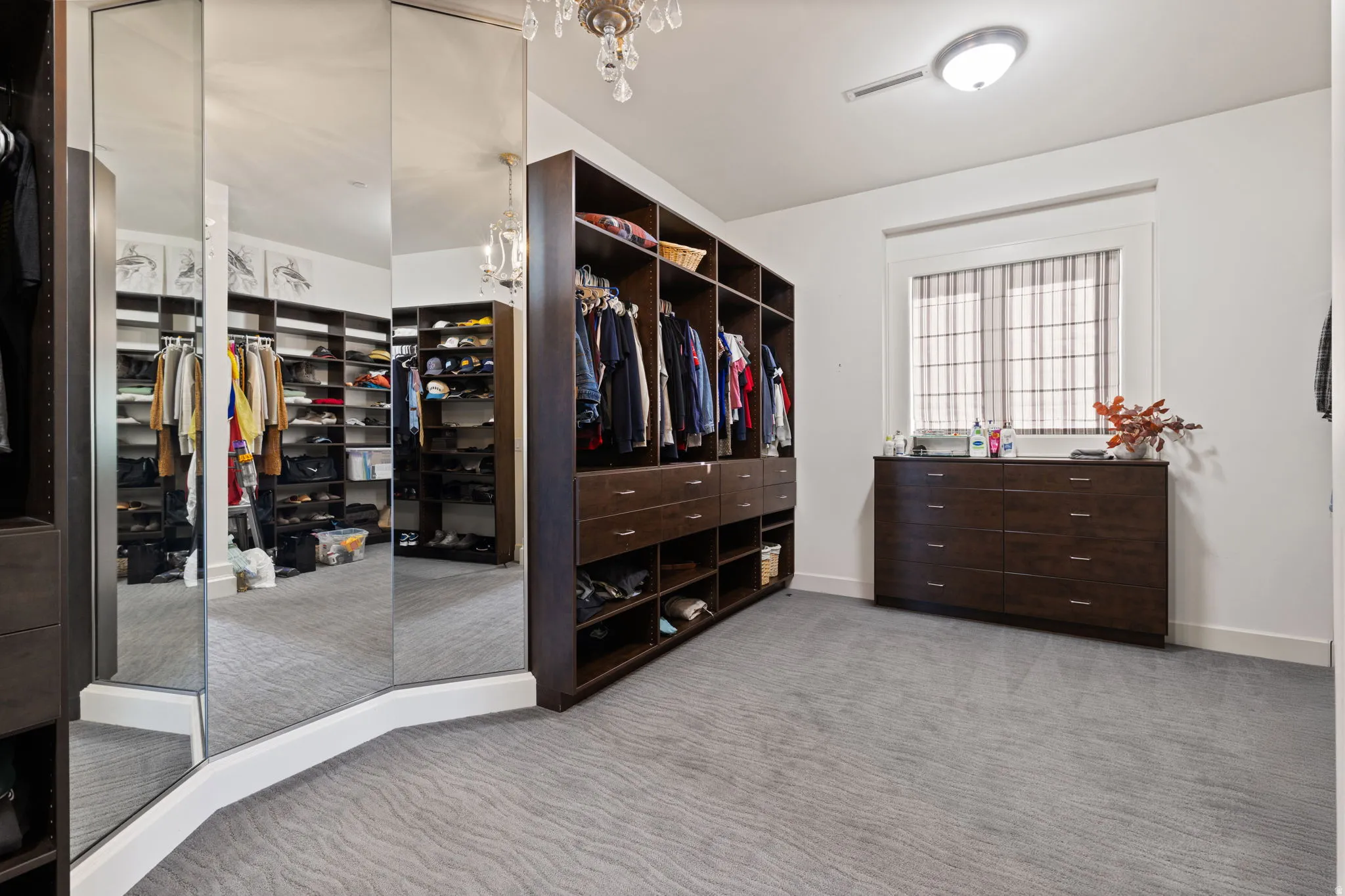 Walk in closet featuring light colored carpet
