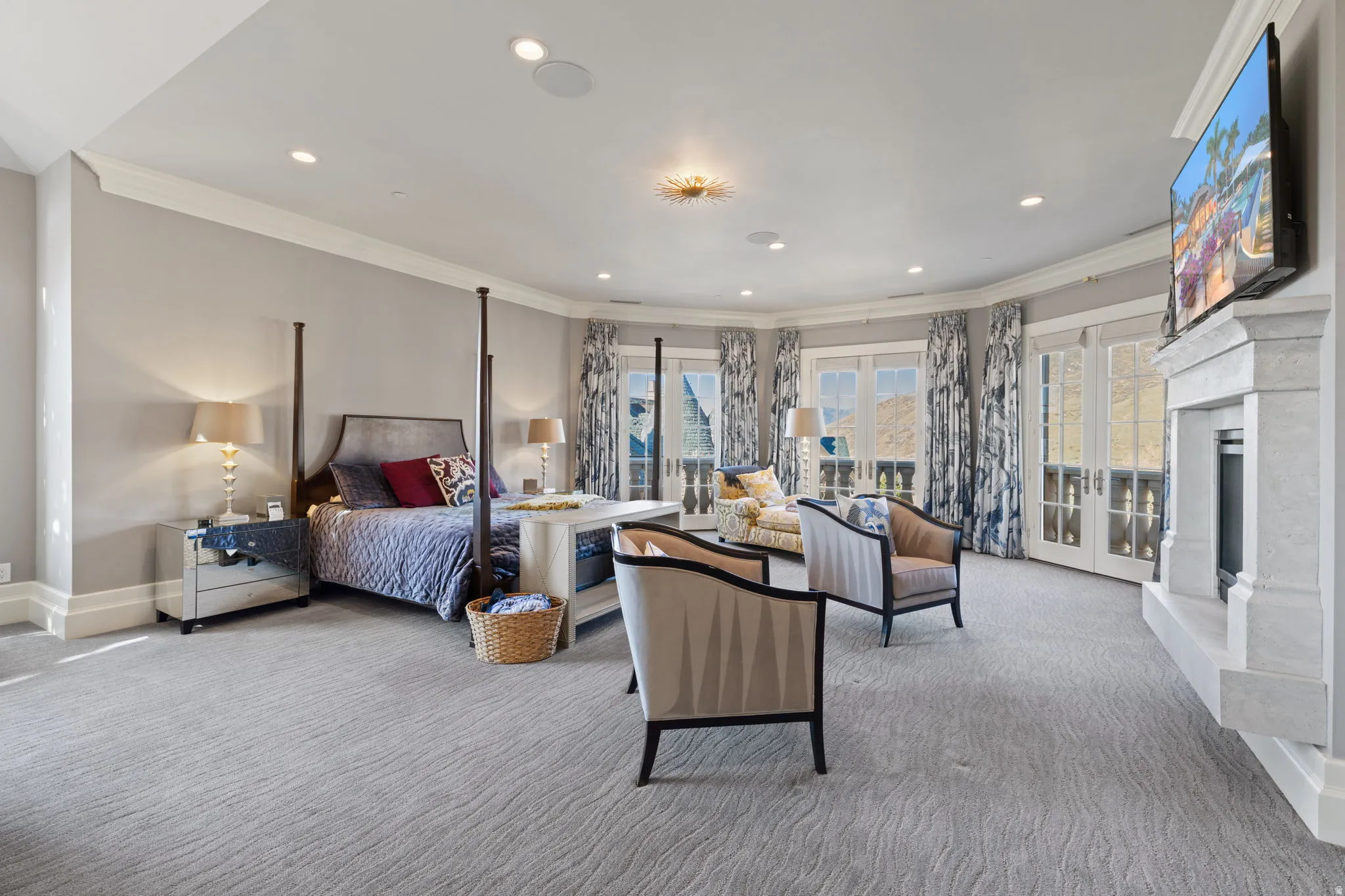 Bedroom featuring crown molding, french doors, light colored carpet, multiple windows, and access to exterior