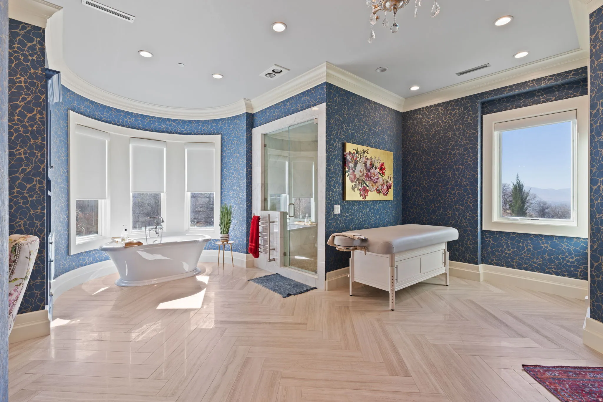 Full bath featuring crown molding, a soaking tub, wallpapered walls, a stall shower, and recessed lighting