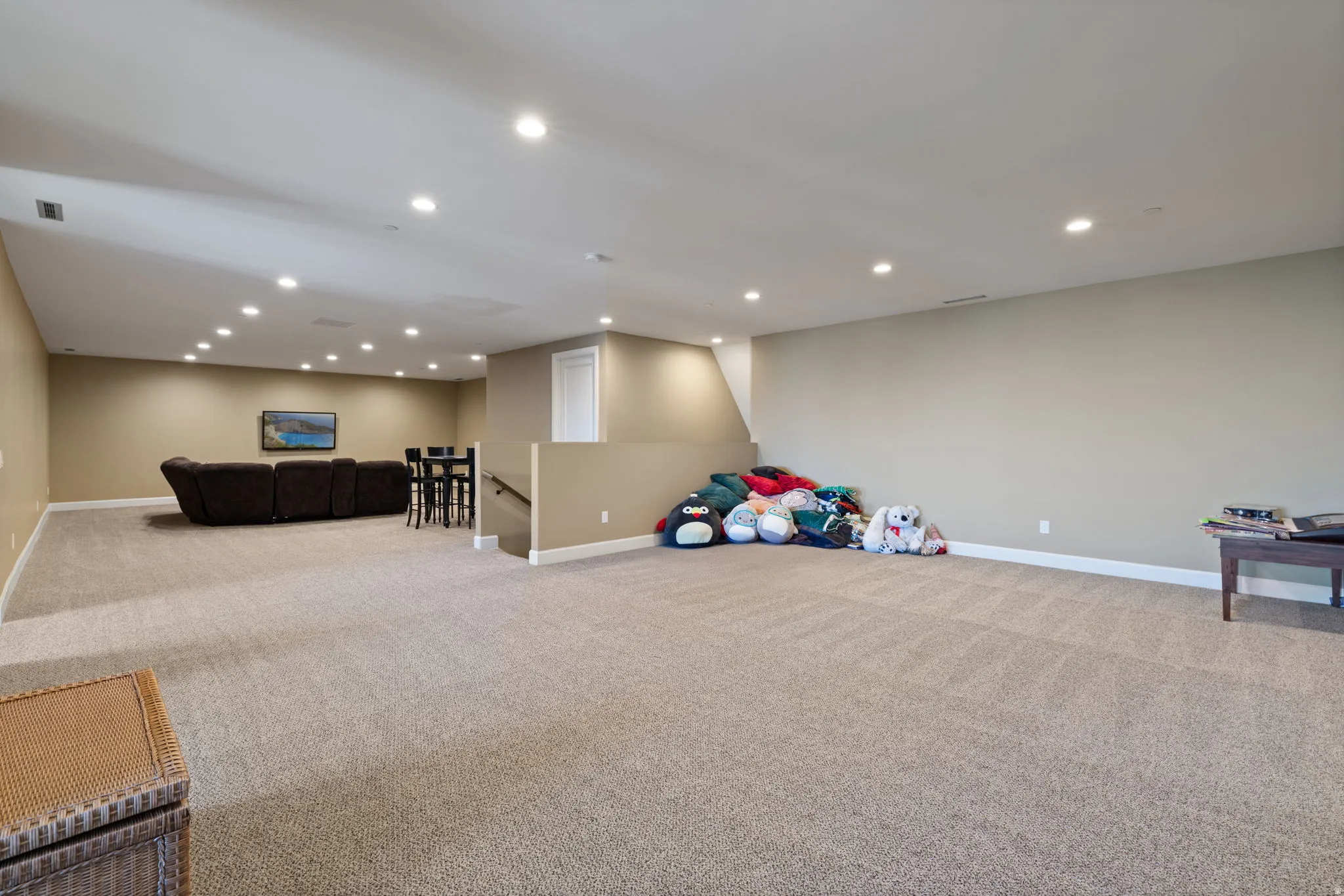 Rec room featuring recessed lighting and light colored carpet