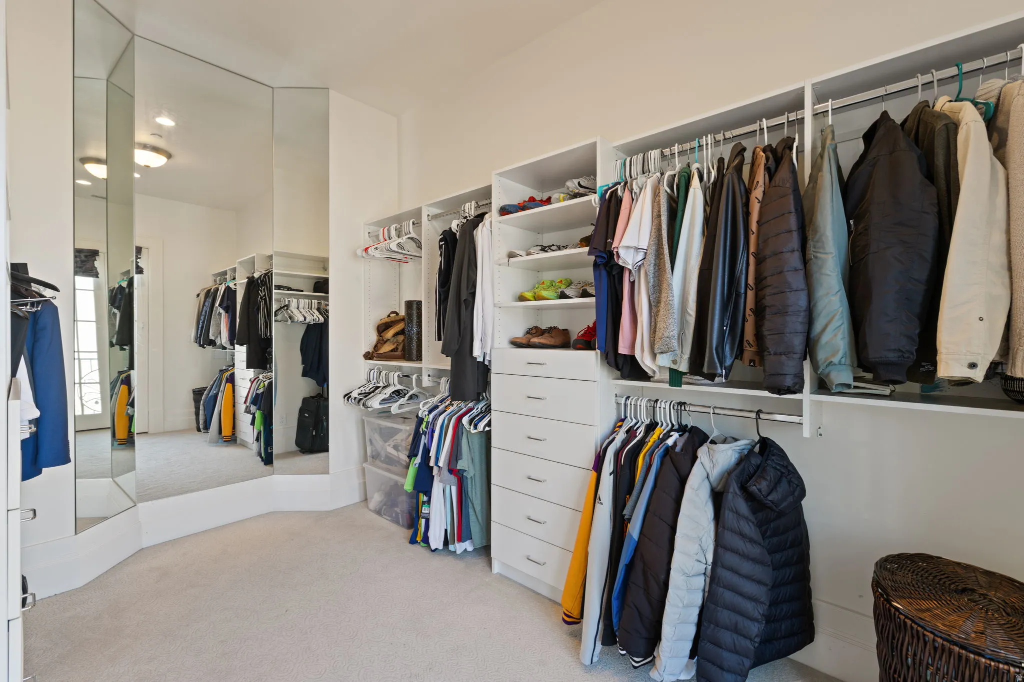 Walk in closet featuring light carpet