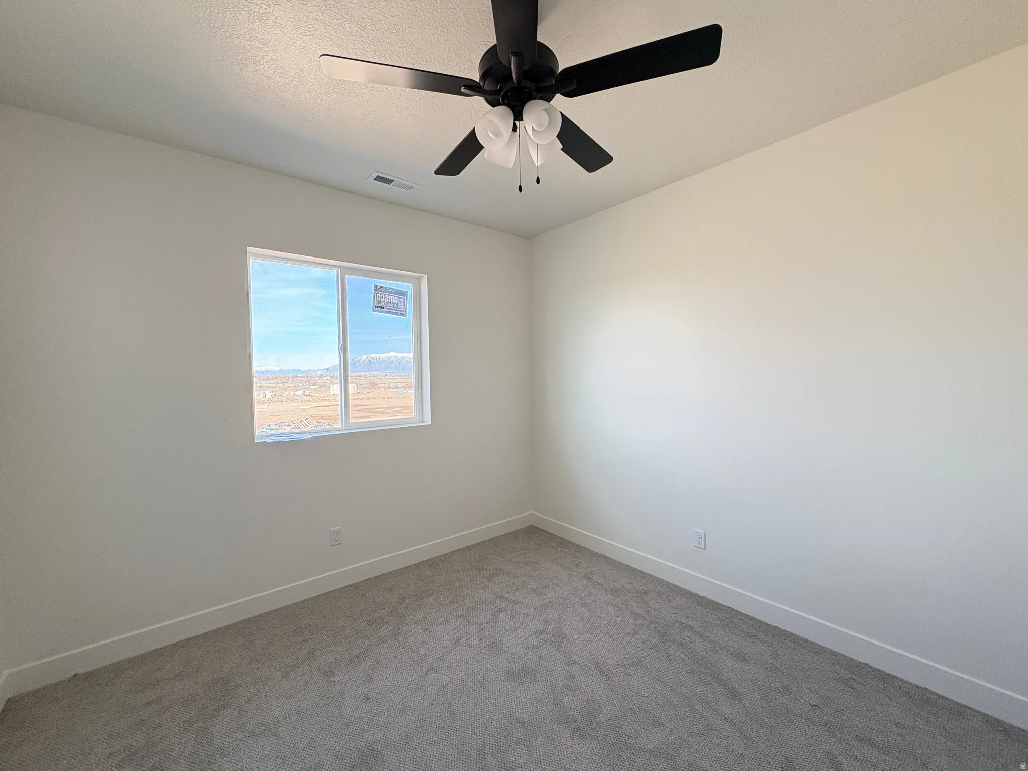 Unfurnished room featuring carpet and ceiling fan