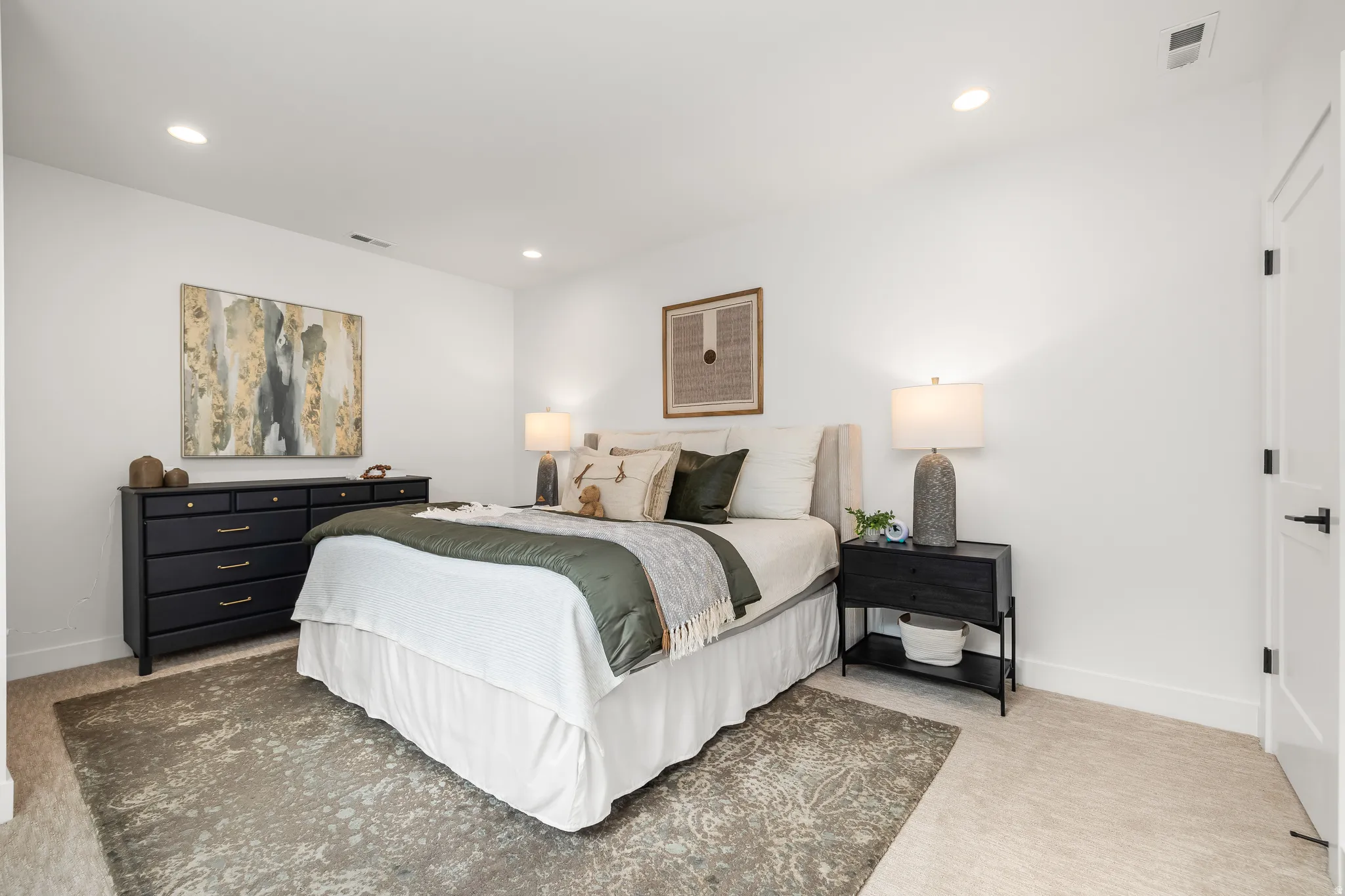 Bedroom with carpet and recessed lighting