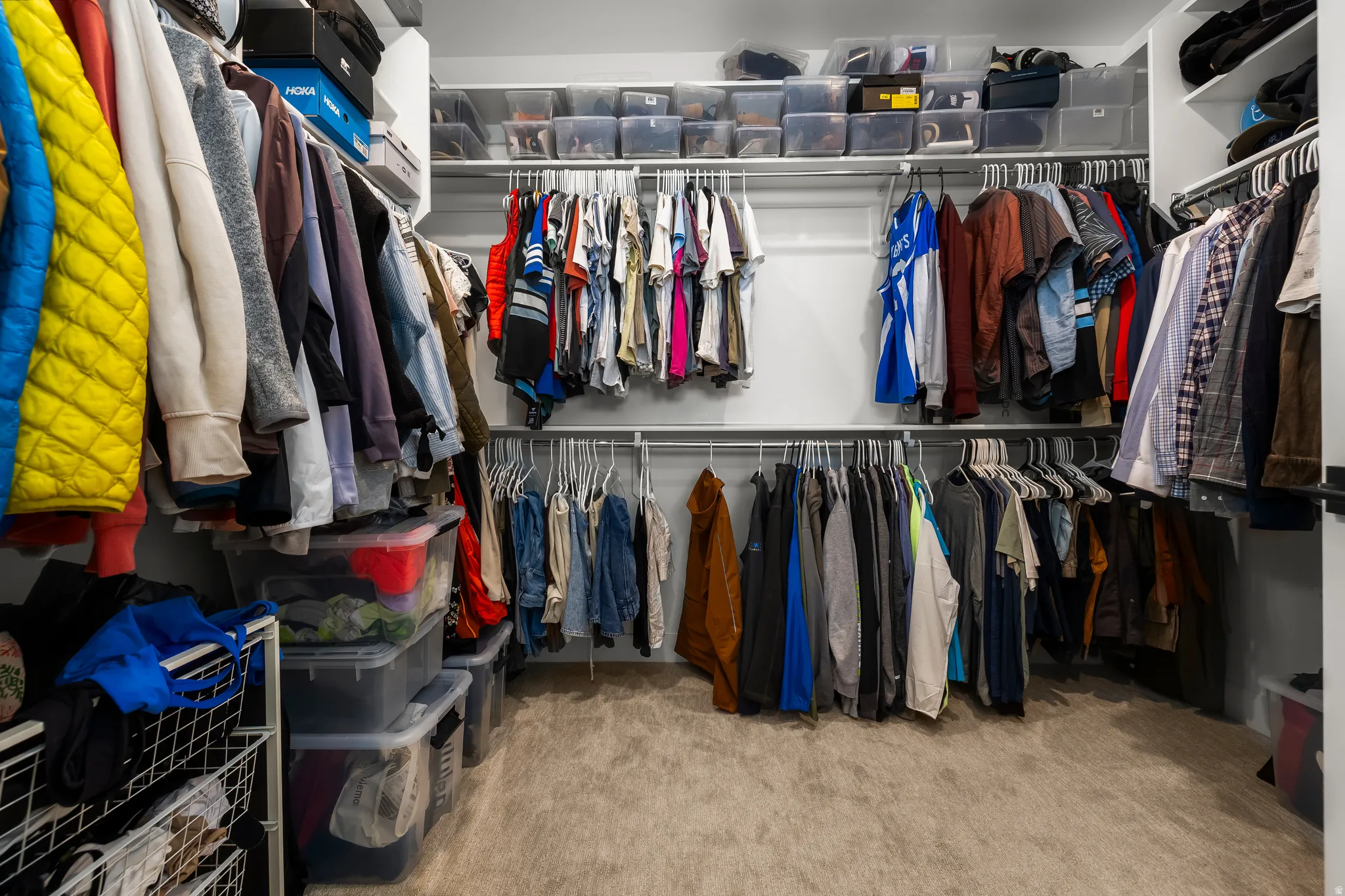 Walk in closet with light colored carpet