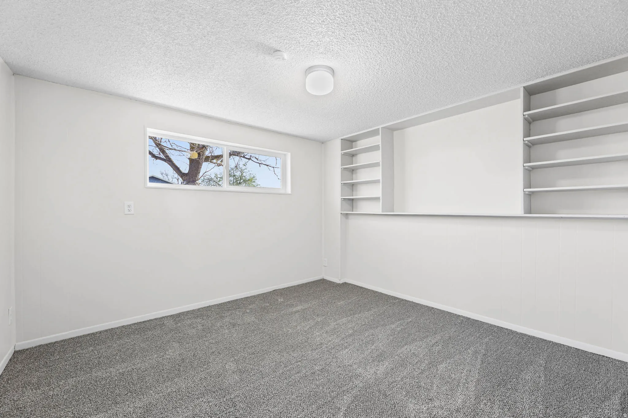 Spare Room, could be office or bedroom, with shelves for storage.