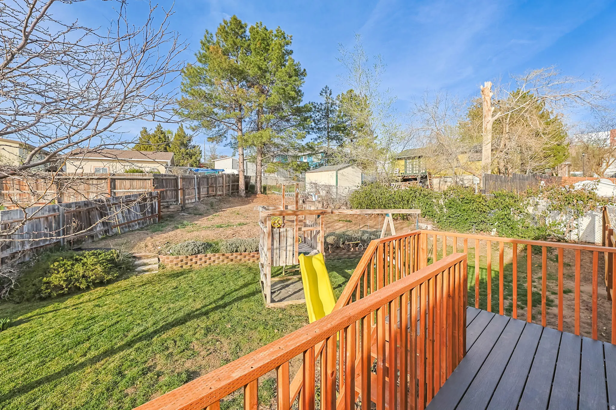 View of deck and fenced backyard