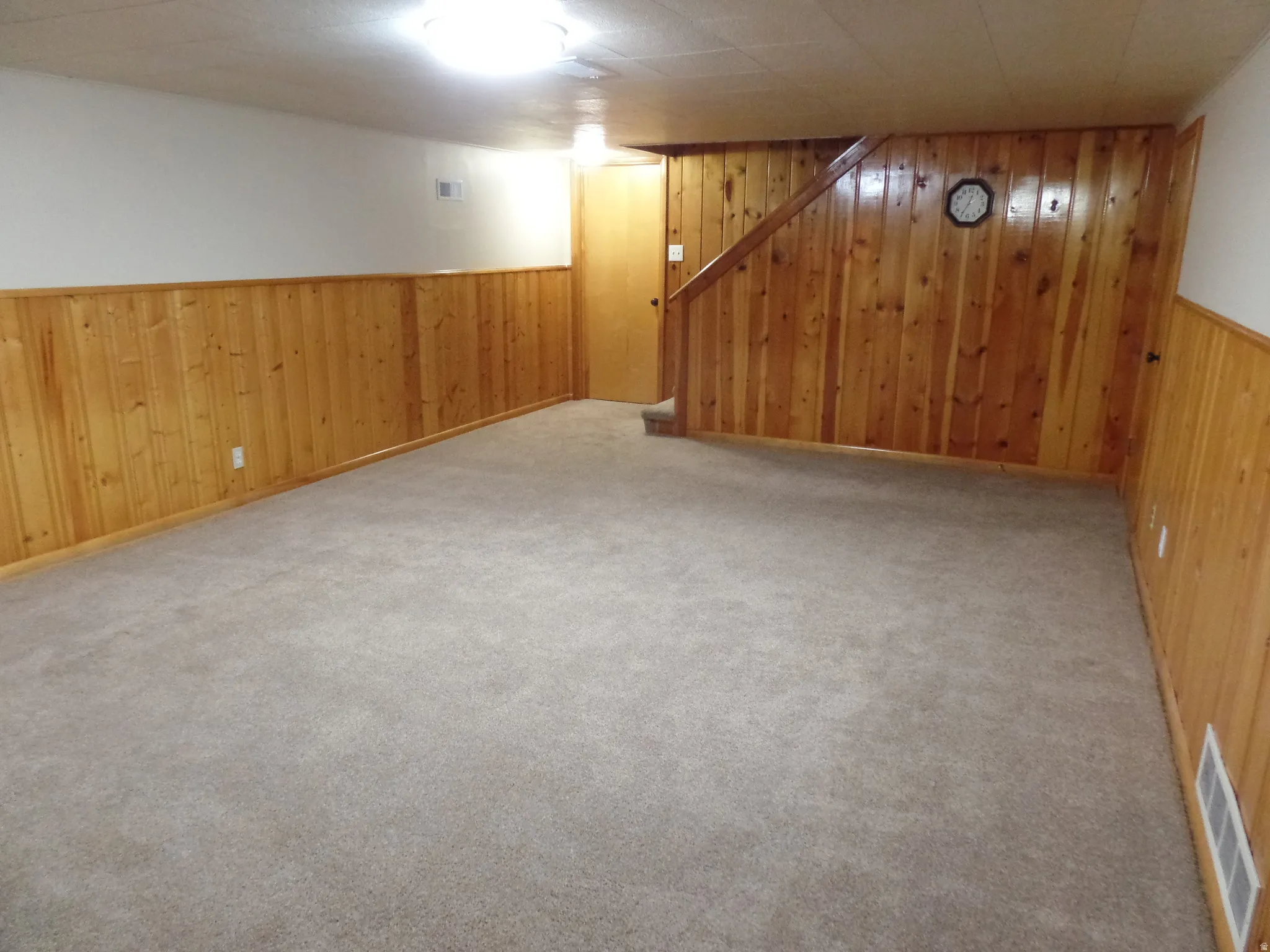 Finished below grade area featuring wooden walls, a wainscoted wall, and light carpet