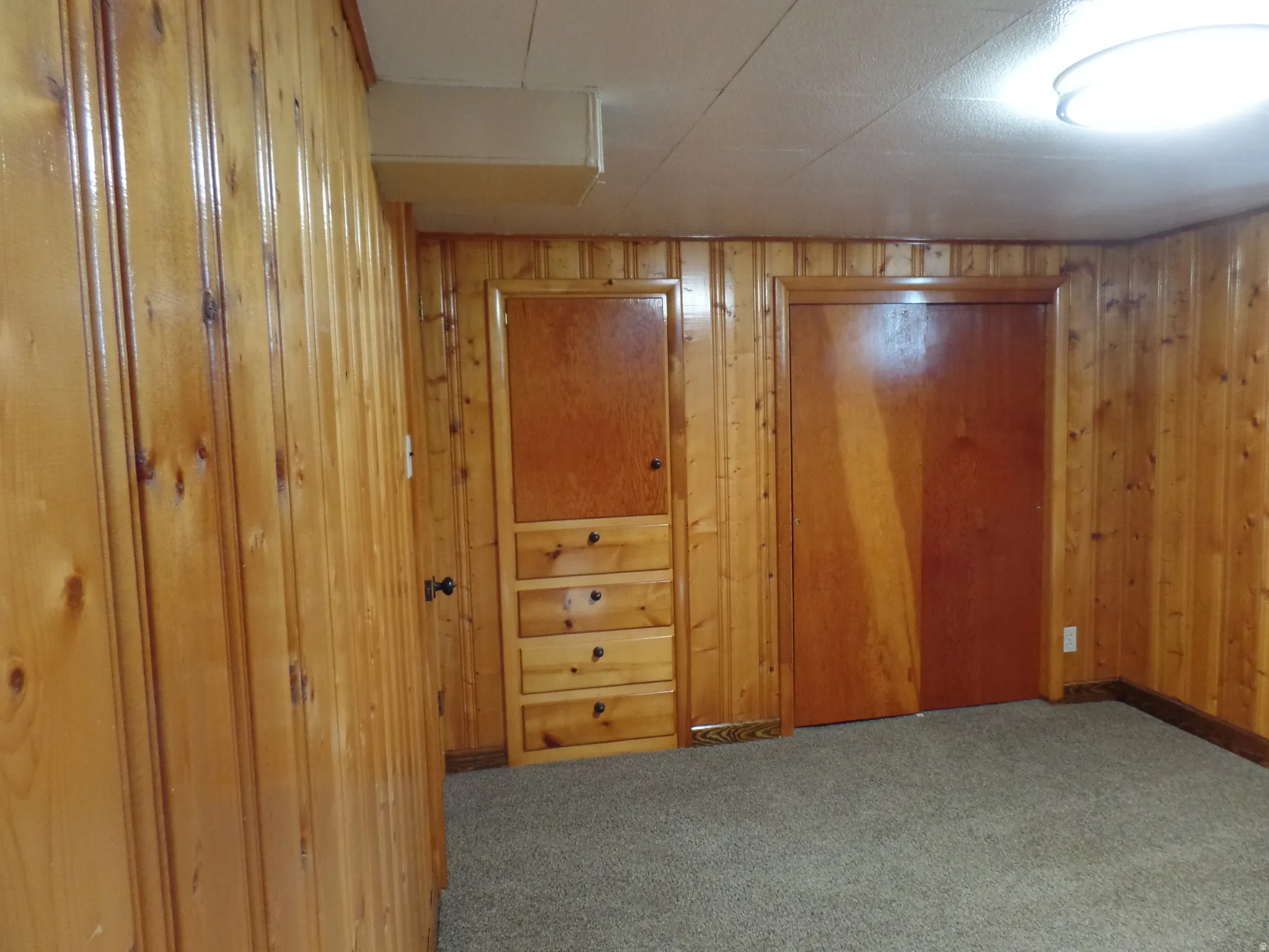 Carpeted bedroom featuring a closet, built-in drawers and cabinet, and wood walls