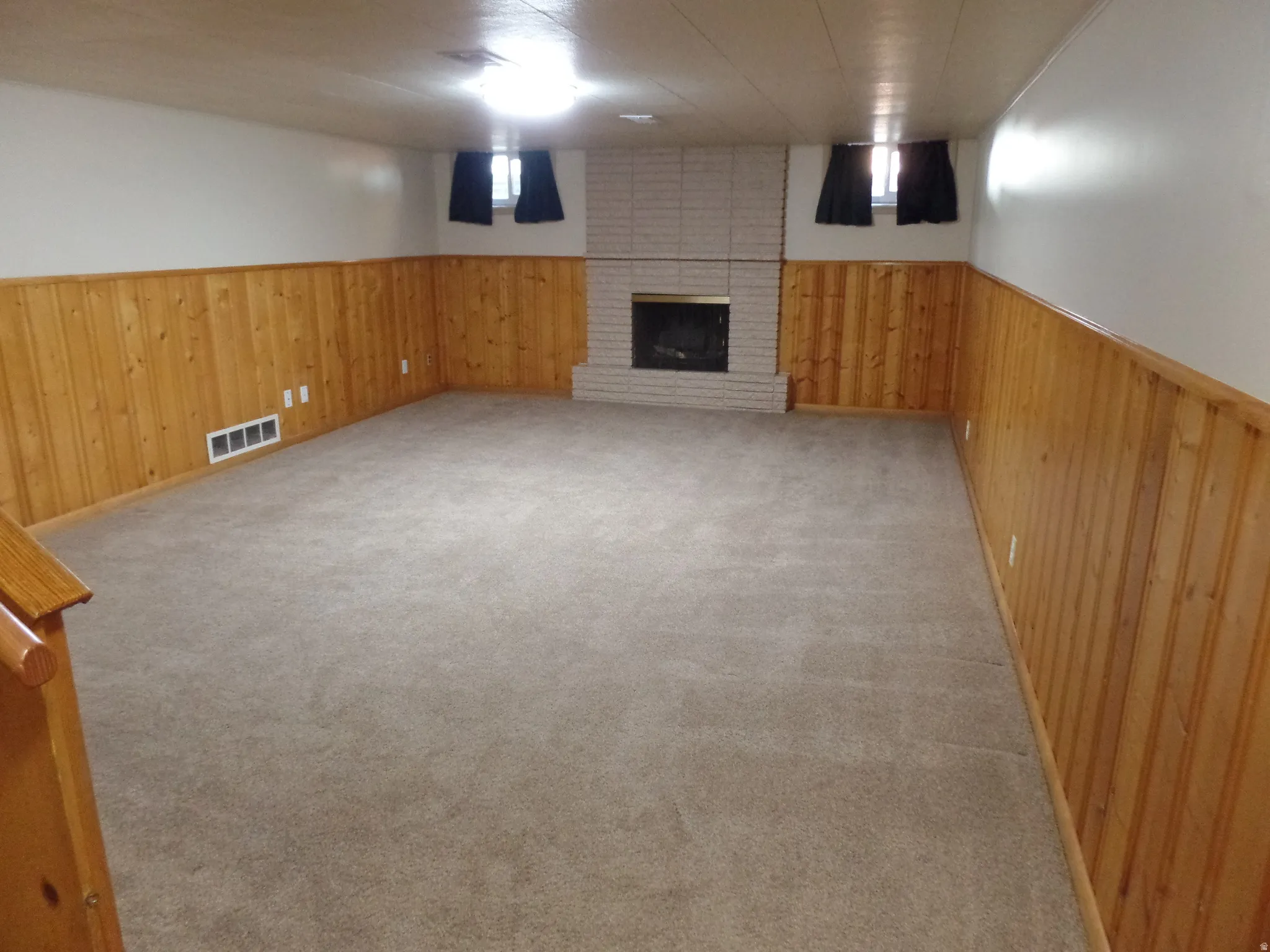 Below grade area with carpet, a fireplace, wood walls, and a wainscoted wall