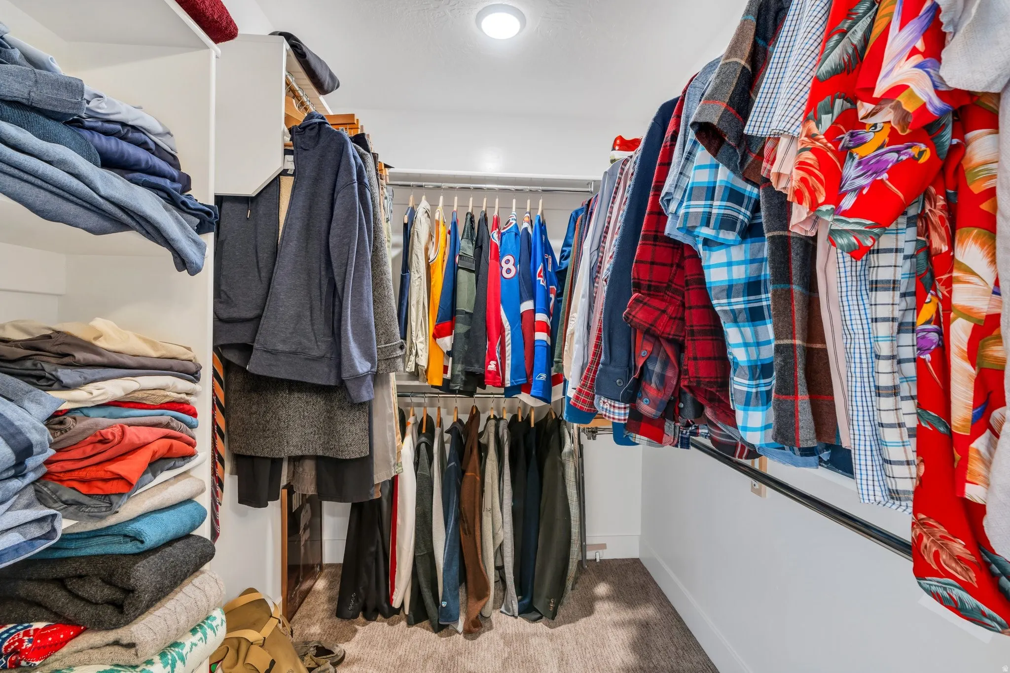 Primary walk in closet featuring light carpet