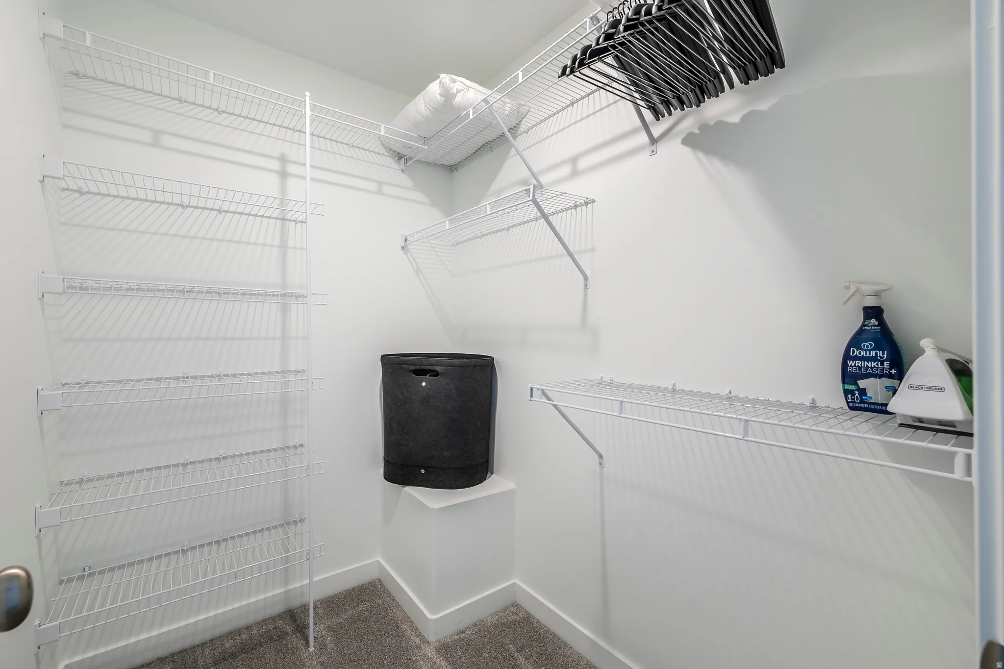 Walk in closet with dark carpet