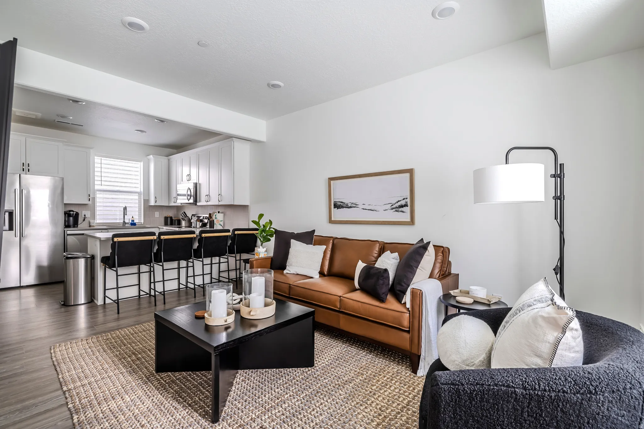 Living area with dark wood-style flooring