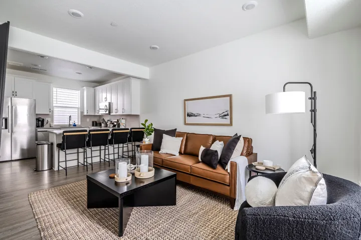 Living area with dark wood-style flooring
