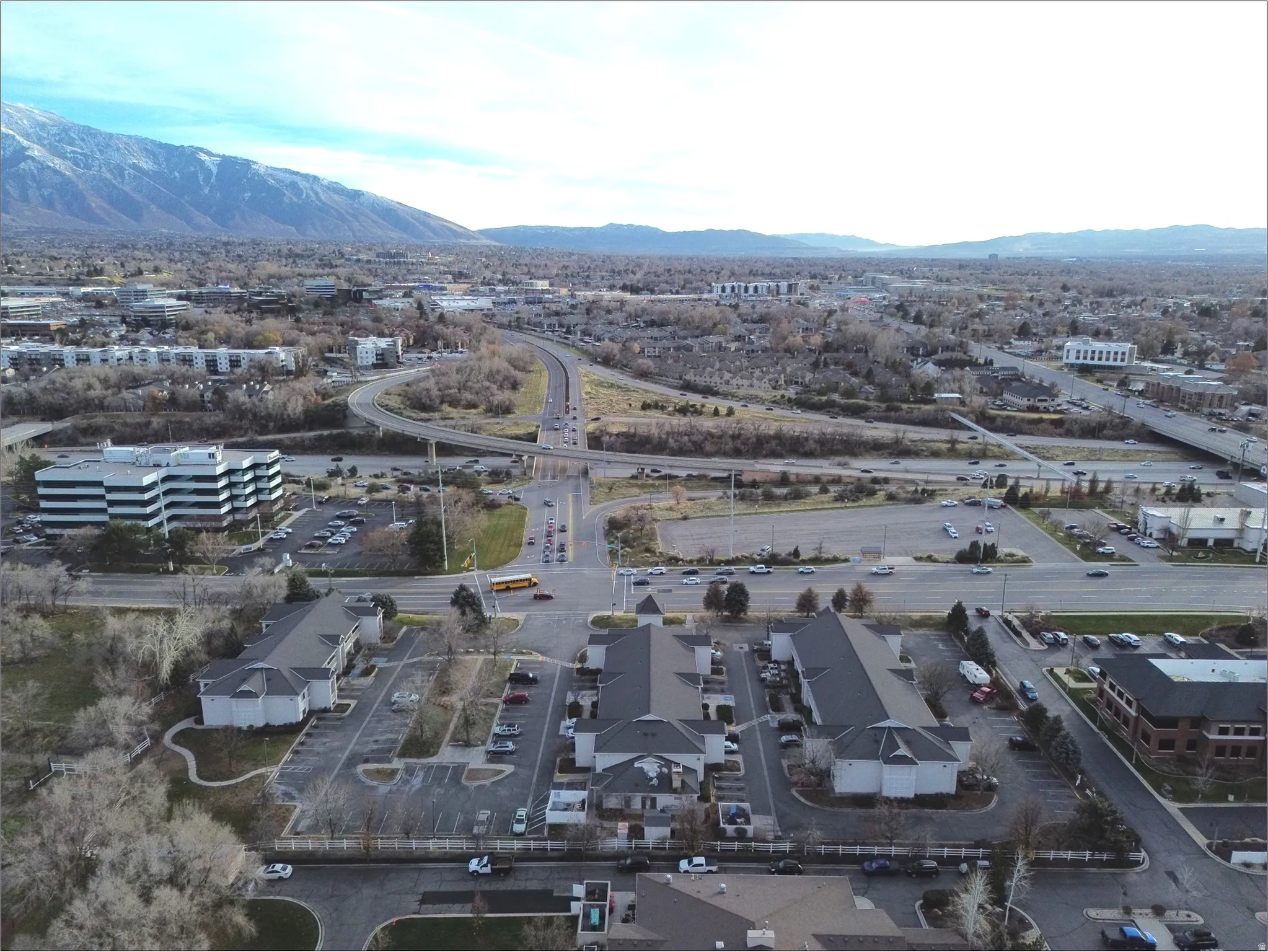 Aerial perspective of suburban area featuring mountains