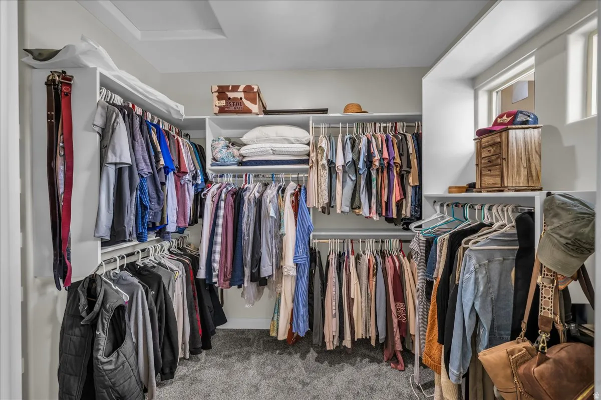 Walk in closet with light colored carpet and attic access