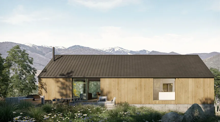 Rear view of property with a mountain view and a patio area