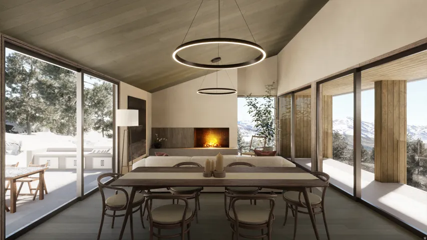 Sunroom with a mountain view and lofted ceiling