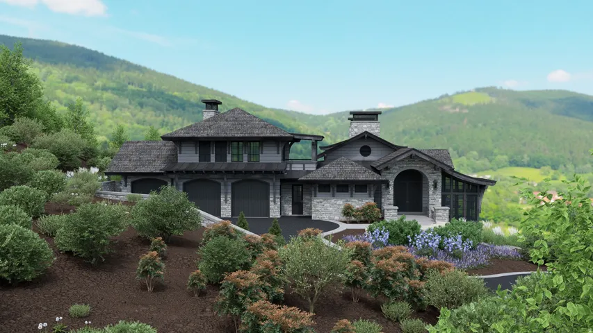 Contemporary multi-level residence featuring stone and wood siding, a prominent two-car garage, and a circular drive