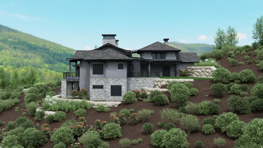 Modern mountain architecture featuring a multi-level design, stone and siding exterior, multiple balconies, and a dark shingle roof