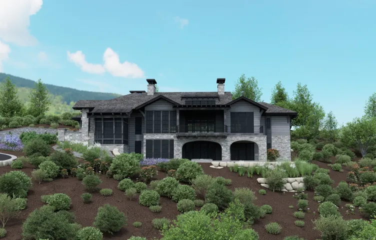 Stone and siding exterior with dark trim accents