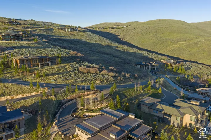 Aerial view of residential area with mountains