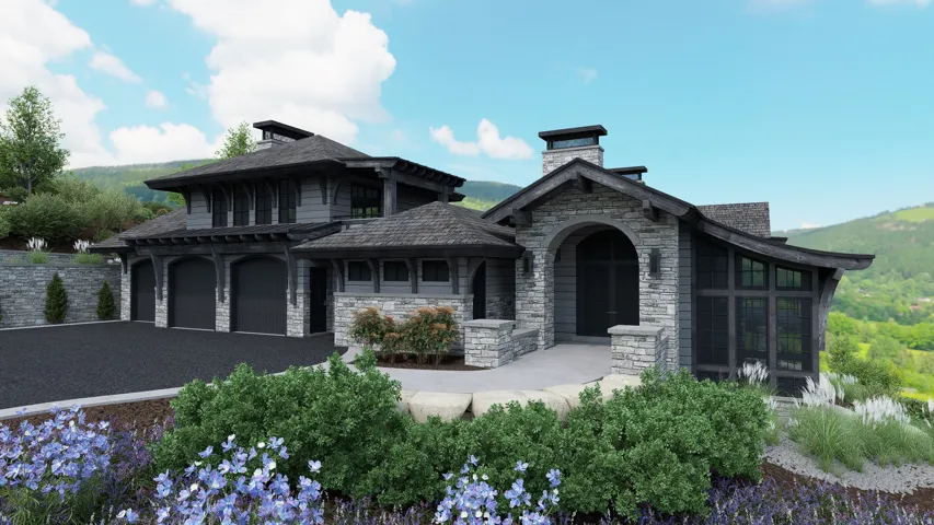 Contemporary architectural design featuring stone and dark siding