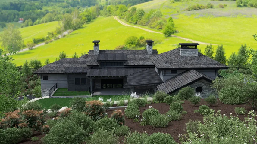 Stone and wood-sided exterior featuring multiple chimneys, a dark shingle roof, and an integrated covered patio