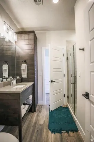 Bathroom featuring vanity, dark wood finished floors, and a stall shower