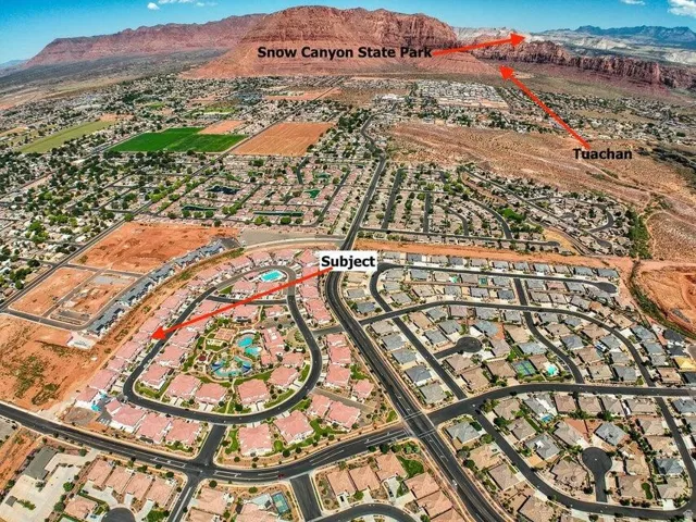 Aerial perspective of suburban area with mountains