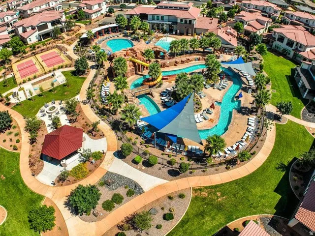Aerial view of residential area with a pool area