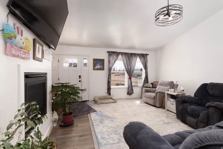 Living room featuring wood finished floors and a fireplace