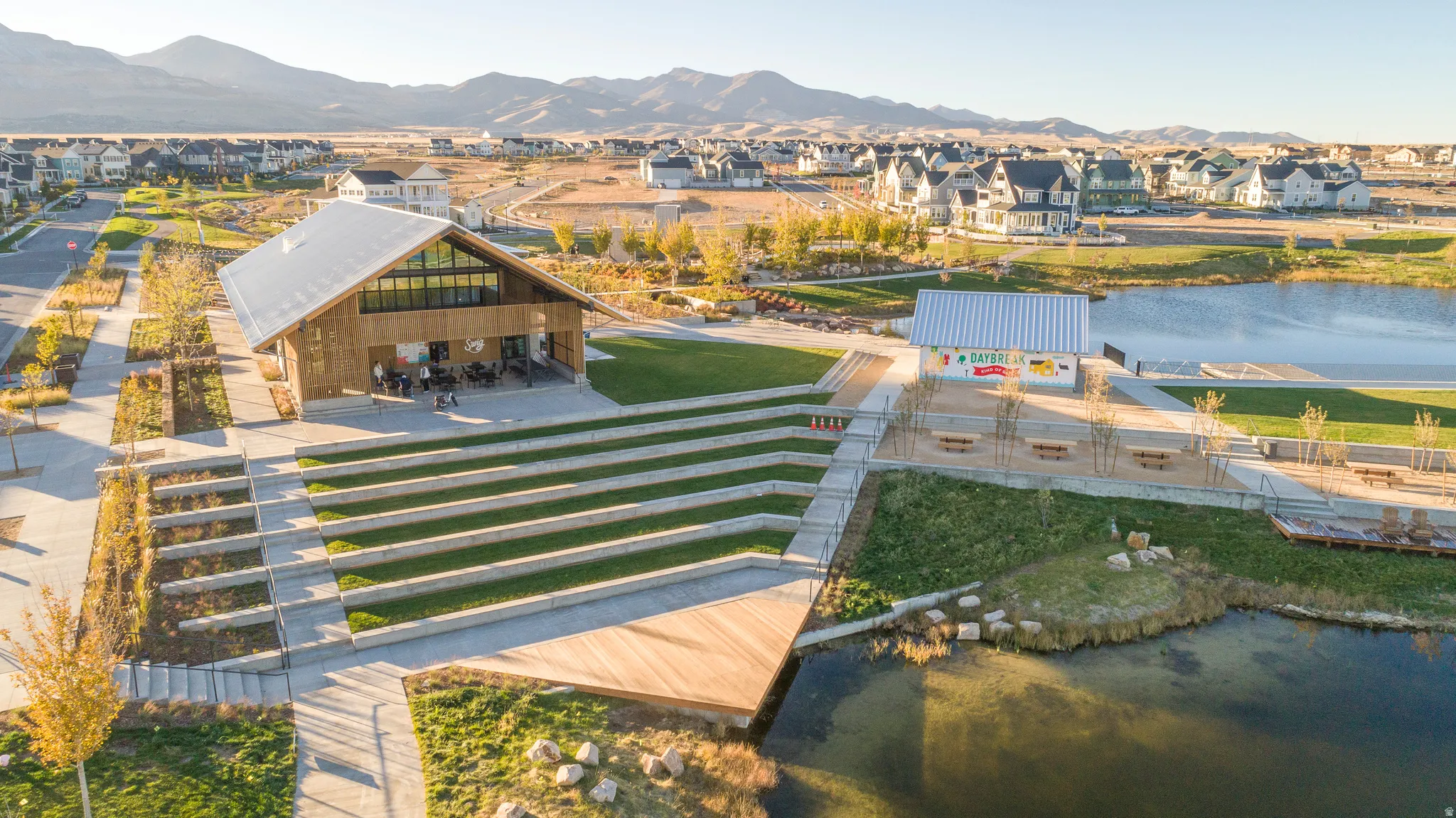 Aerial view of residential area with a water and mountain view