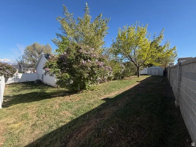 Fenced backyard with a shed