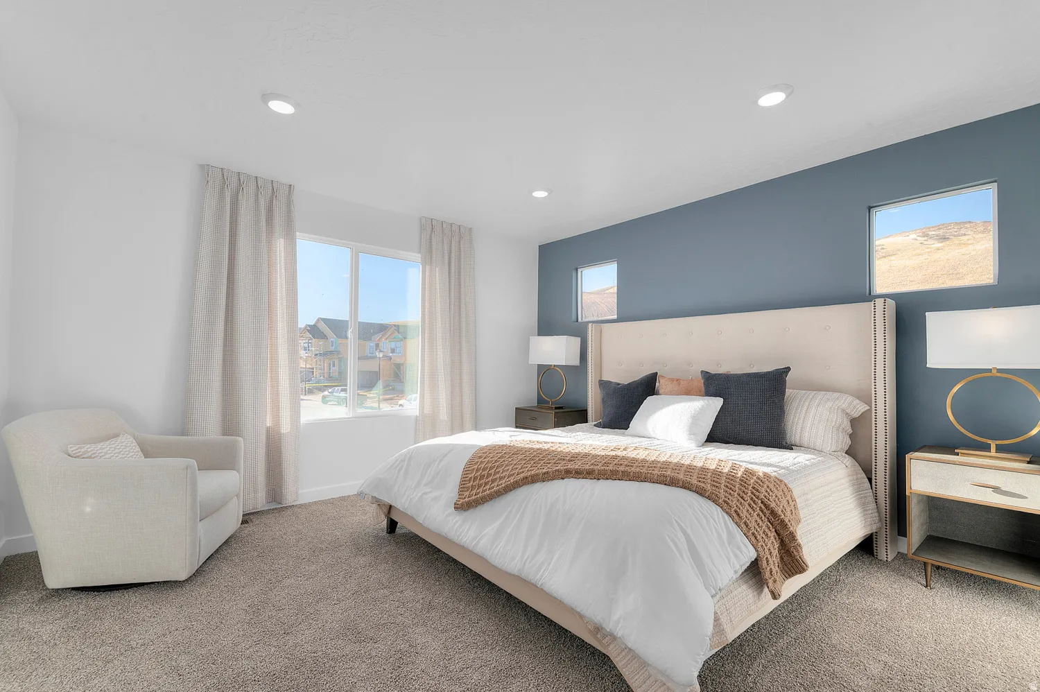 Bedroom with carpet floors and recessed lighting