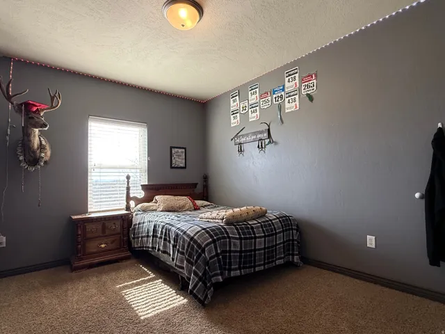 Bedroom featuring dark carpet and a textured ceiling