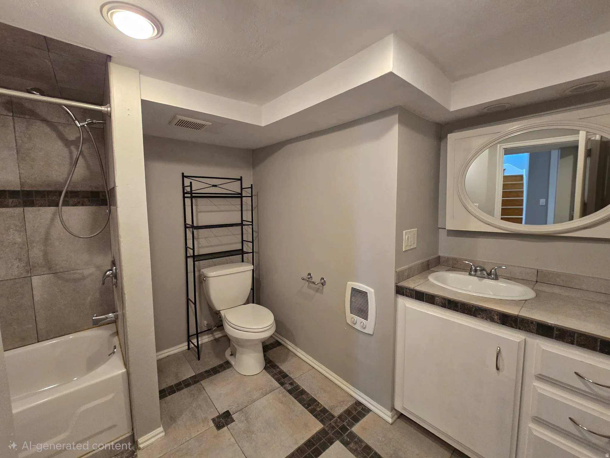 Full bath featuring vanity, tub / shower combination, light tile patterned flooring, inlaid floor details, and heating unit