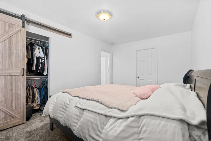 Carpeted bedroom featuring a barn door and a closet