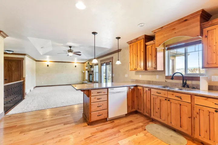 Kitchen featuring white dishwasher, a peninsula, open floor plan, light wood-style flooring, and a ceiling fan