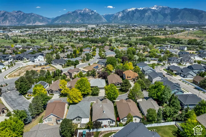 Aerial perspective showcasing a residential area with diverse home styles, mature trees, and paved streets