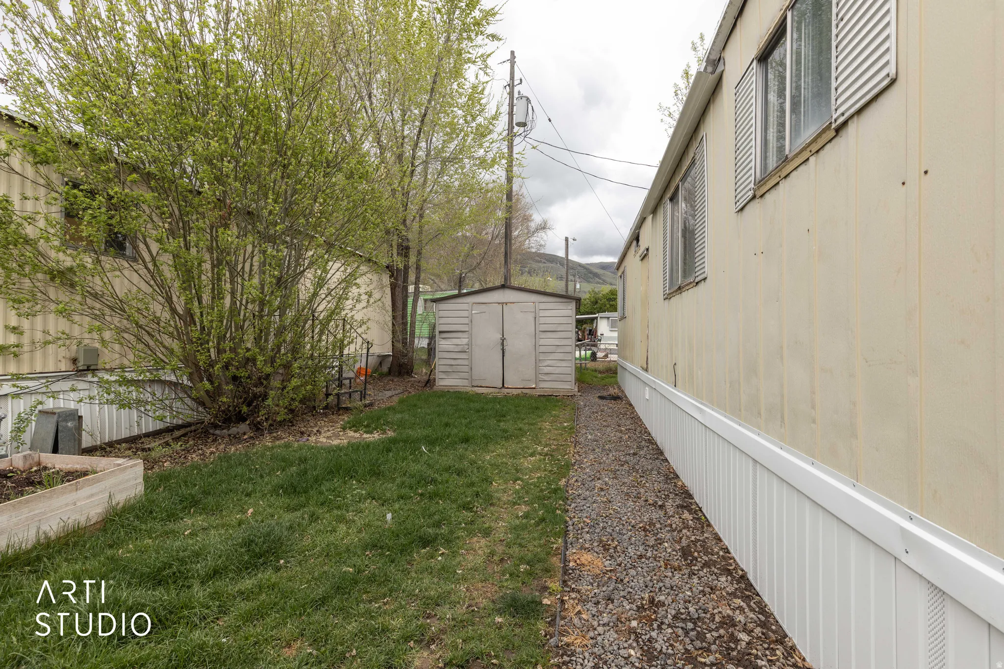 View of grassy yard with a shed