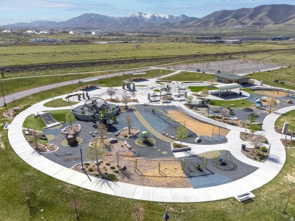 Drone / aerial view of a recreational park and mountains