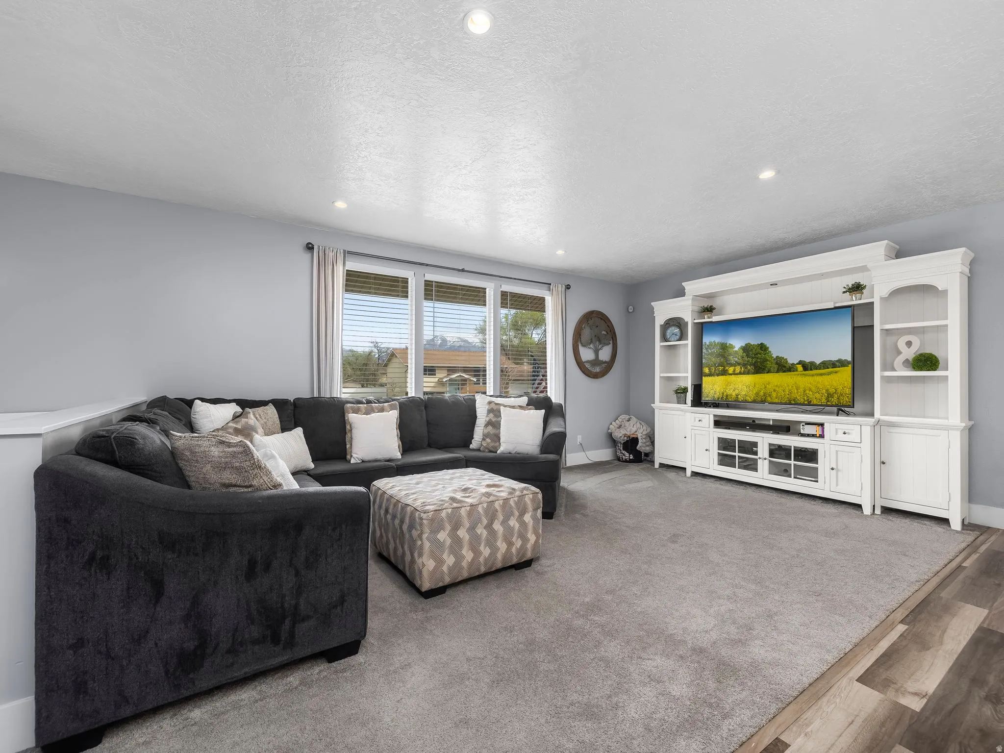 Living room featuring recessed lighting, wood finished floors, a textured ceiling, and carpet