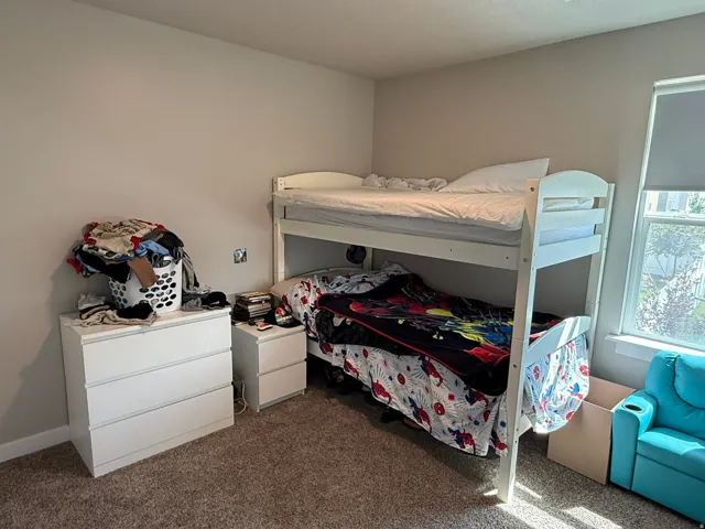 Bedroom with dark carpet