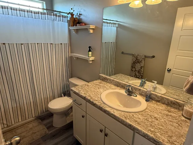 Bathroom with vanity, a shower with curtain, and dark wood-type flooring