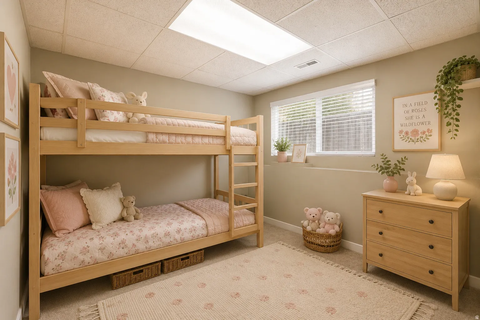 Room featuring a drop ceiling with recessed lighting, light-colored walls, and a window with blinds