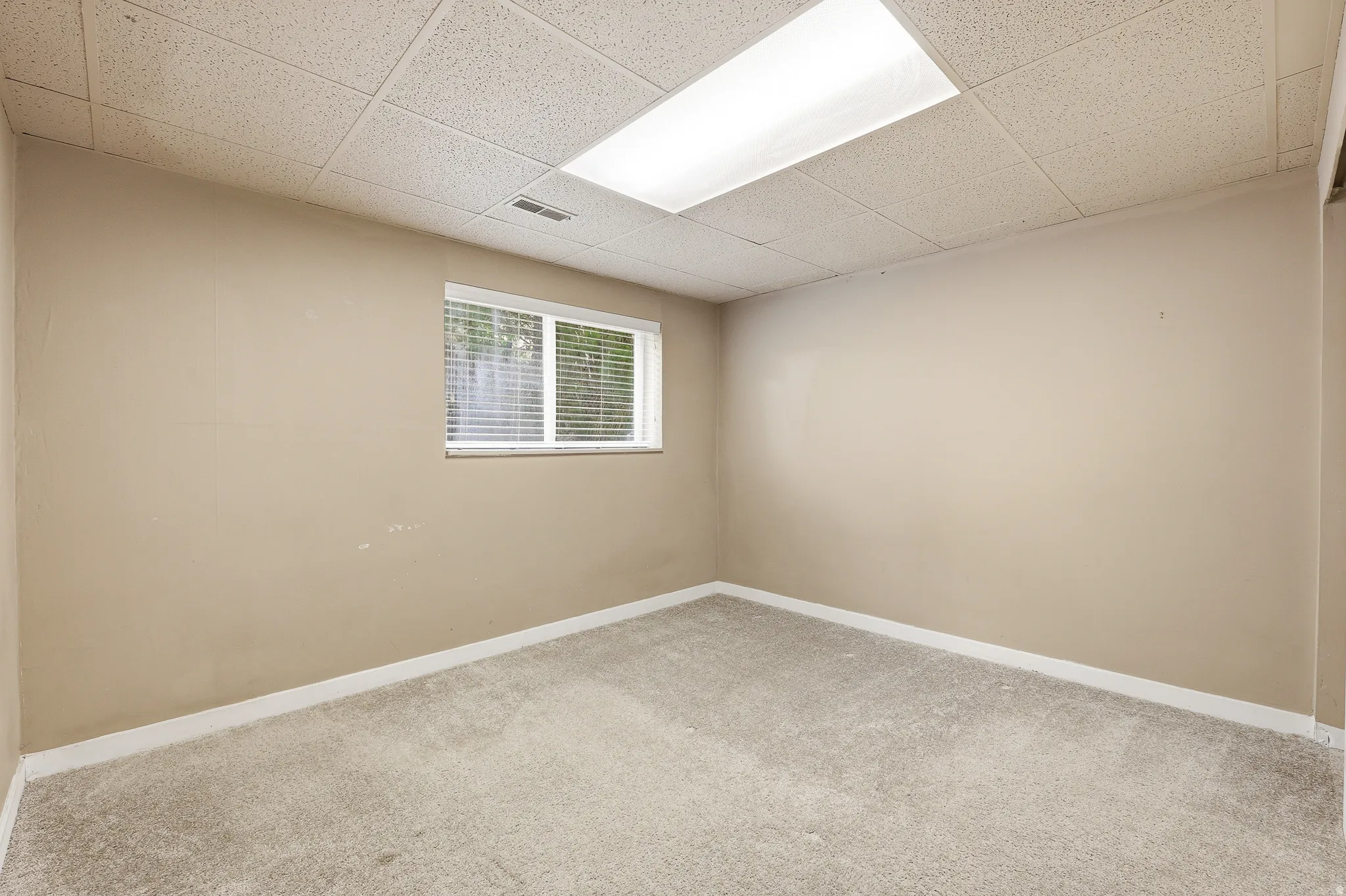Carpeted interior space with a dropped ceiling, recessed fluorescent lighting, and a single window with blinds