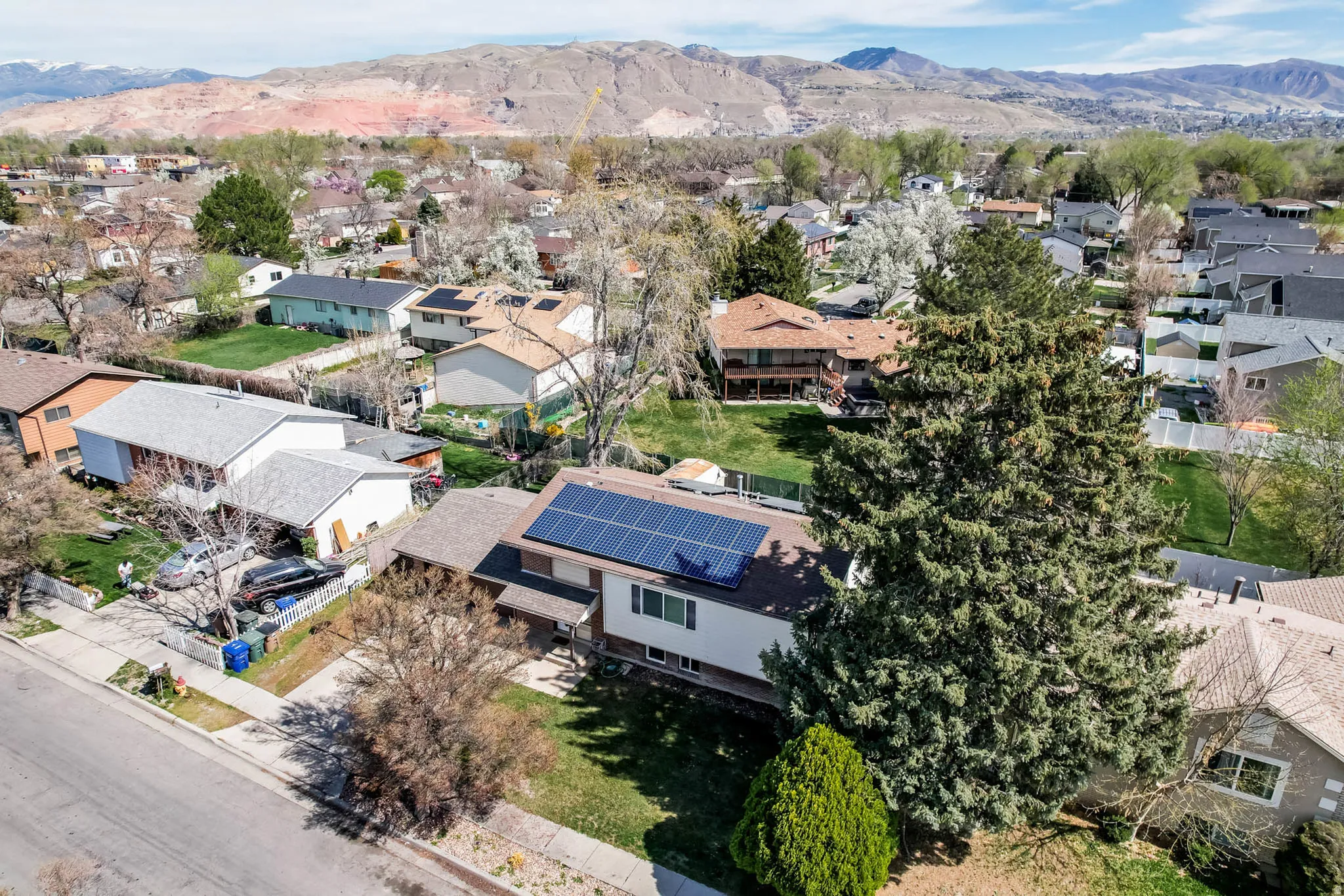 Split-level residence featuring roof-mounted solar panels, mature front yard trees, and a concrete driveway
